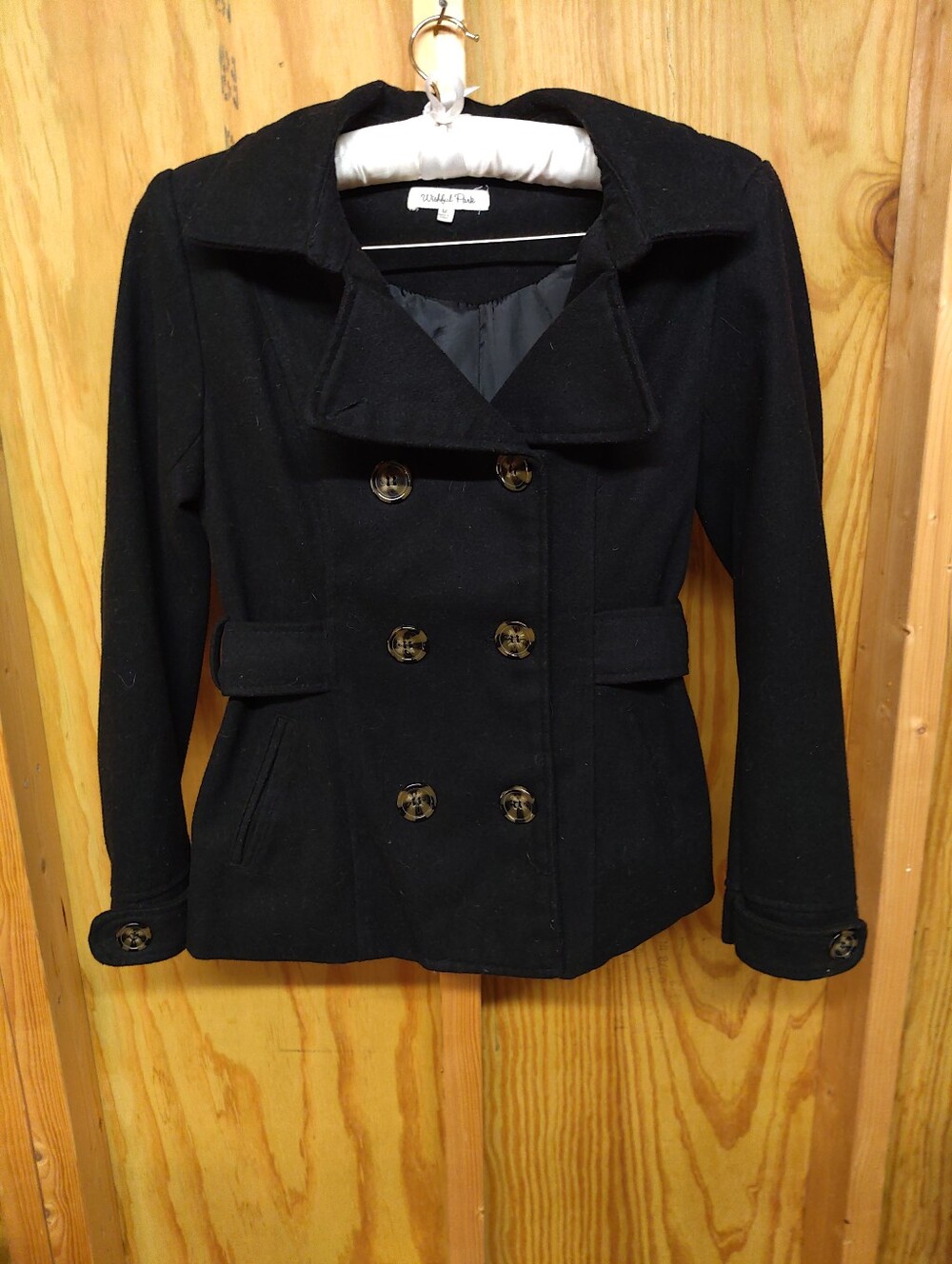 Wishful Park Medium Black Double Breasted Pea Coat Belted Trench Jacket Polyeste